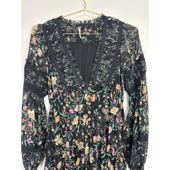 Free People Cassis Printed Chiffon Midi Dress Flowy Ruffles Floral Black Small - Picture 12 of 12